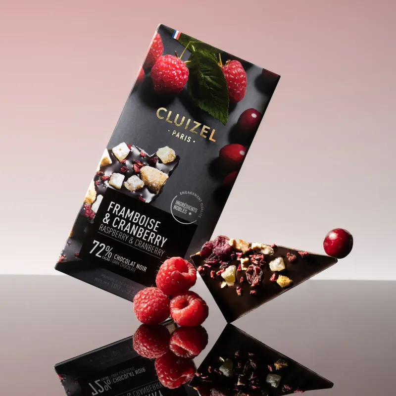 Tablette Framboise & Cranberry chocolat noir 72% | CLUIZEL